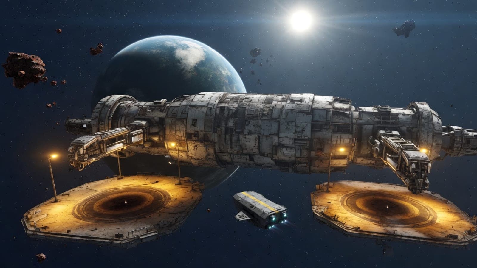 Concept art: scarred cylindrical Ascension Dock 01 with two illuminated pads and sodium work lights, a small Wayfarer between them