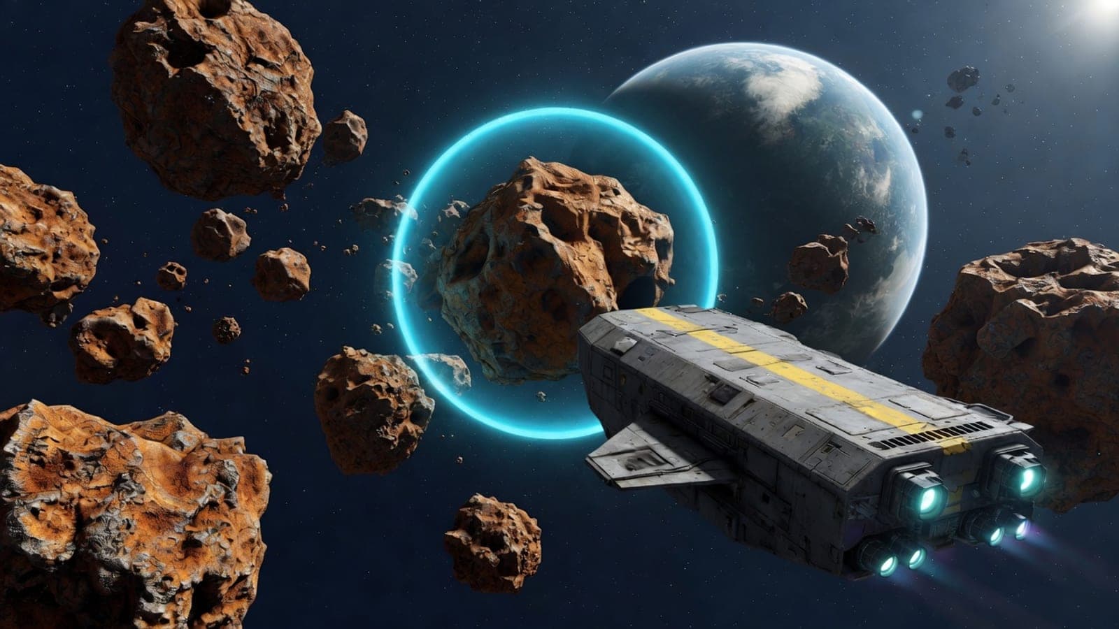 Concept art: the Wayfarer scanning a rust-orange ferrite rock with a restrained cyan scan ring in a sparse asteroid field