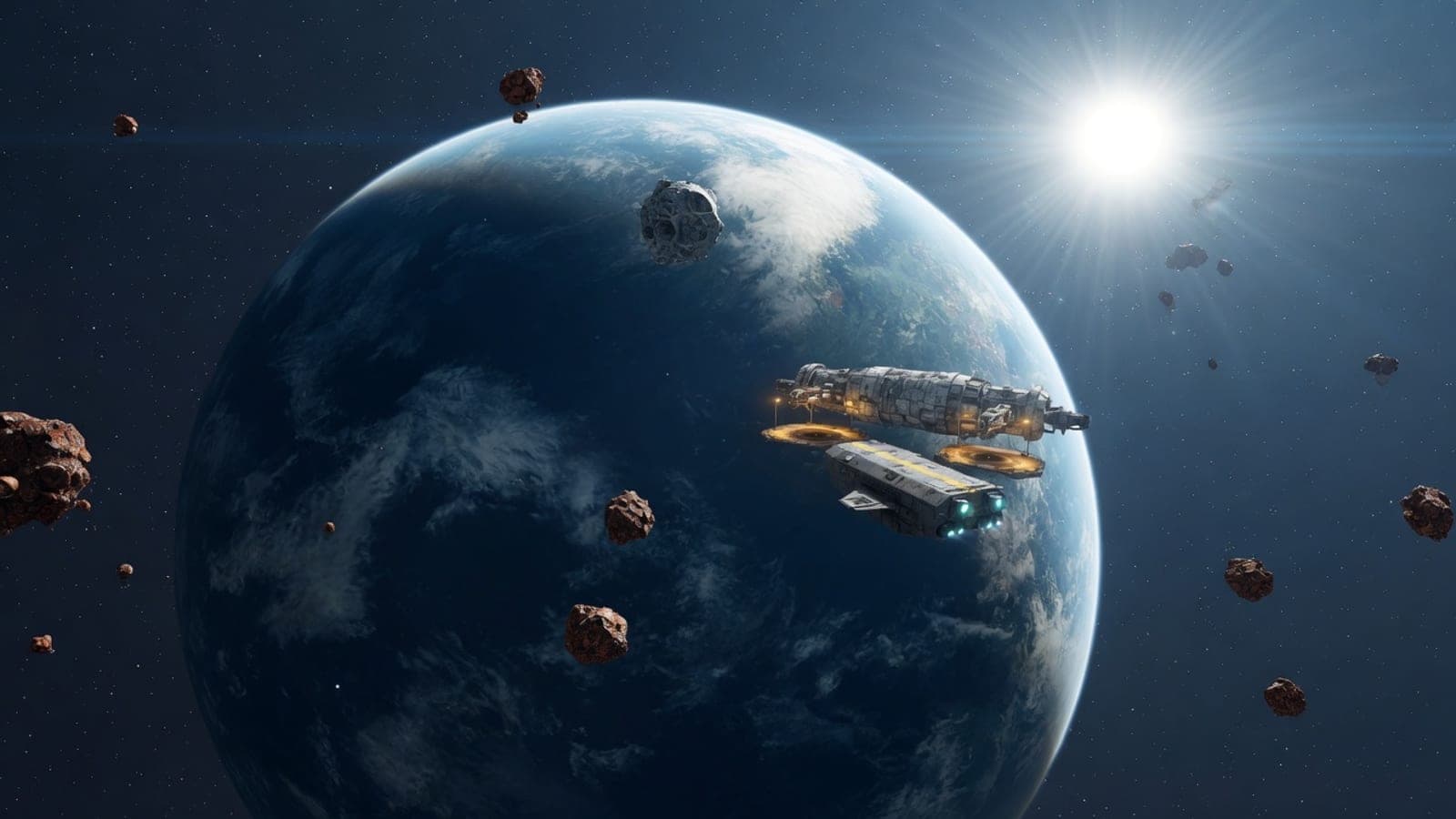 Concept art: cool ocean Development Planet under hard white star Helios, with the distant dock and Wayfarer as scale against sparse rust asteroids