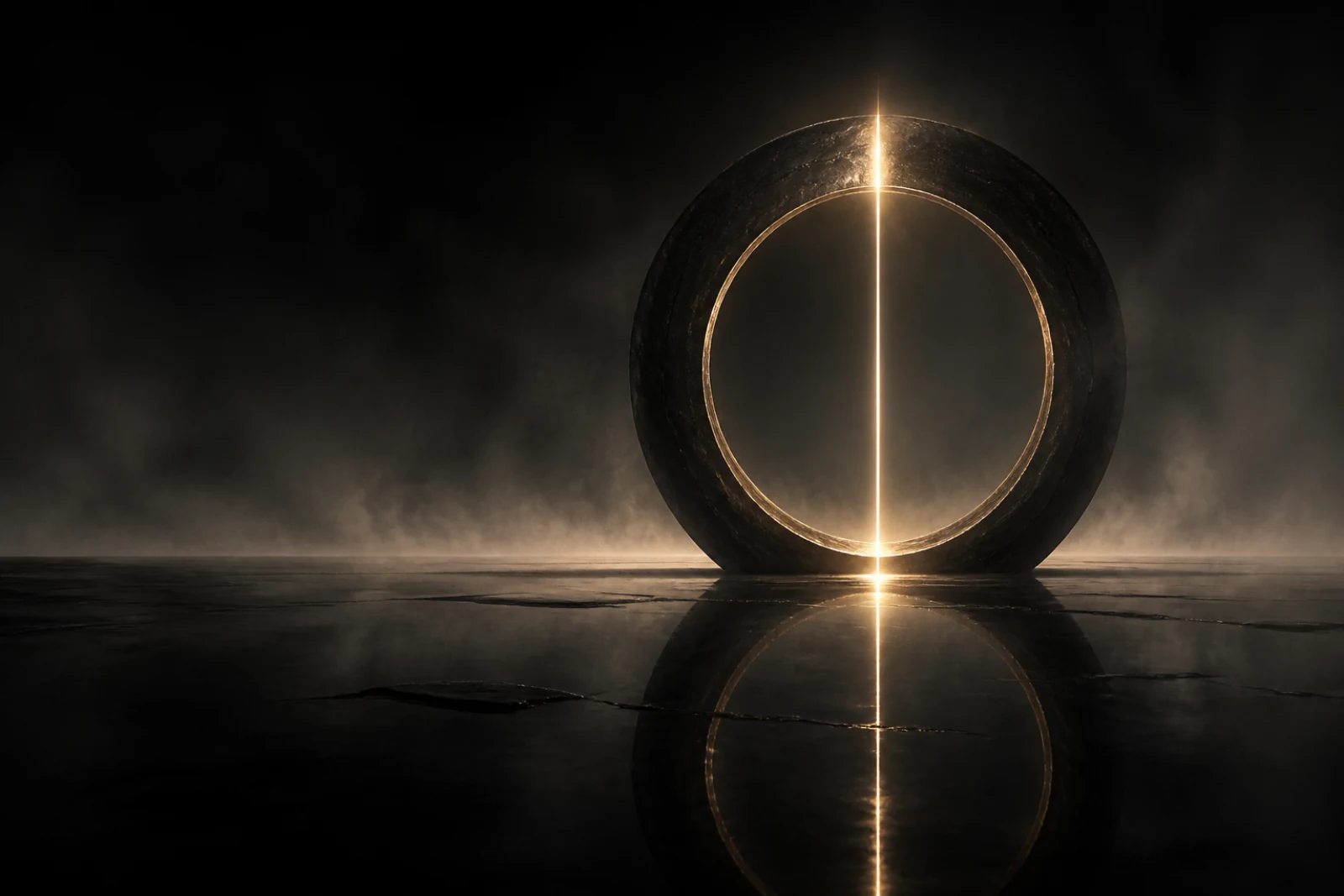 A massive stone ring standing on dark water, bisected by a thin gold light
