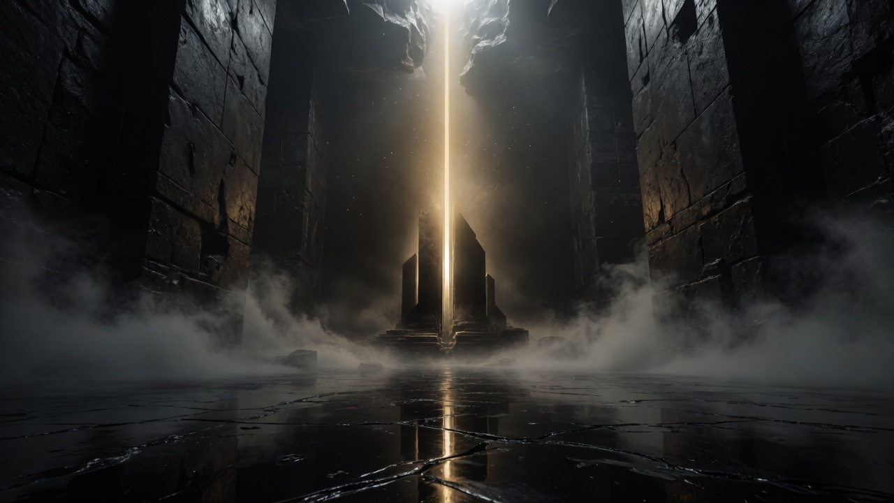 A vast dark stone hall with a gold column of light falling to a wet floor