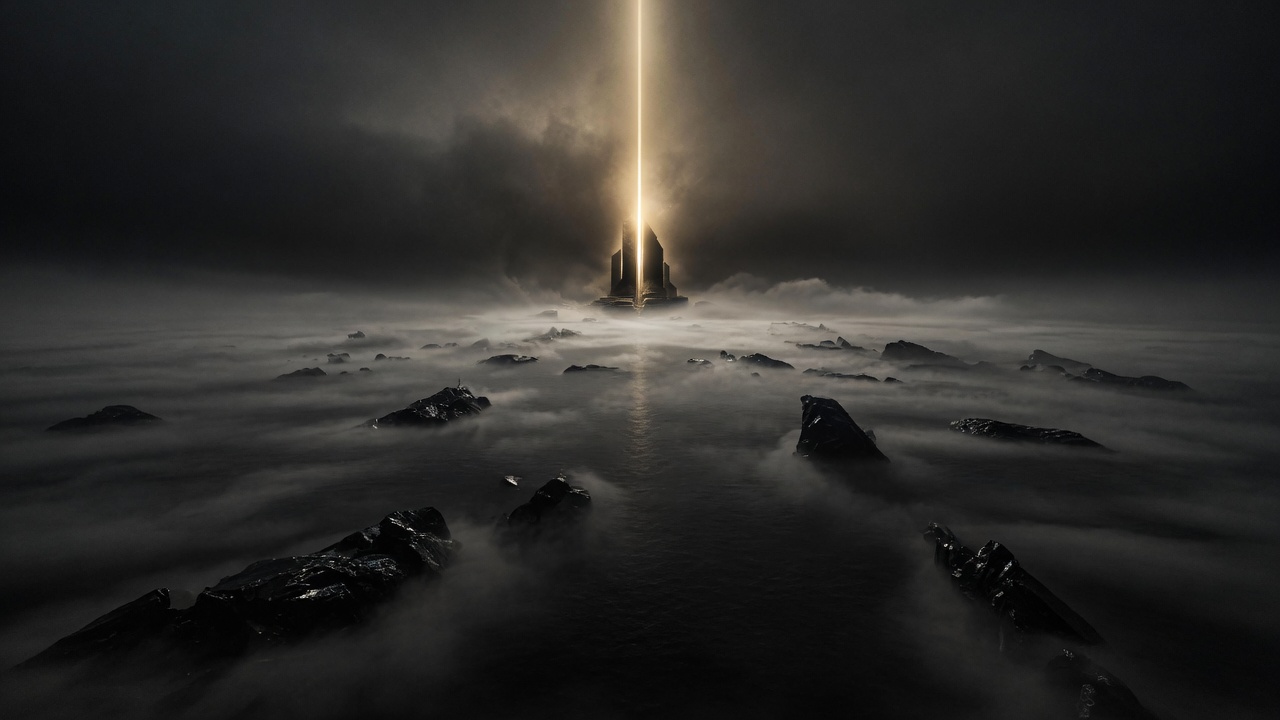 An aerial sea of fog and black stone islands with a distant gold-lit monument