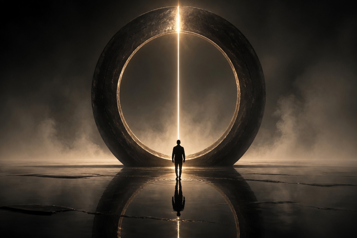 A silhouetted figure standing before a stone ring cut by a vertical gold light